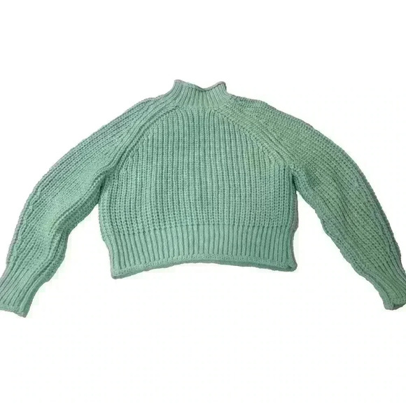 H&M Sweater Chunky Knit Womens Medium Green Mock Neck Crop - Picture 8 of 14
